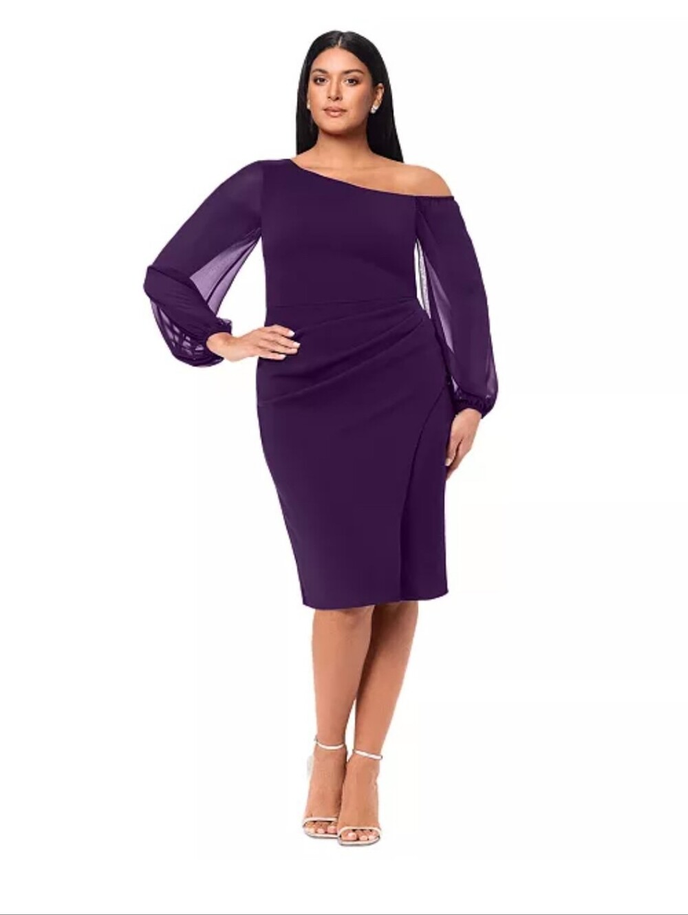 NWT Betsy & Adam Size 8 Plum Purple Sheer Sleeve Ruched Cocktail Dress $219